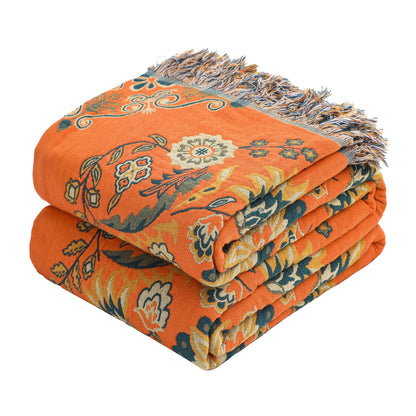 VANJOROY Boho Large Throw Blanket, 100% Cotton Breathable Soft Bed Throw - Floral Farmhouse Decor Blanket for Sofa Couch Chair and Gift. 60" x 80"- Orange