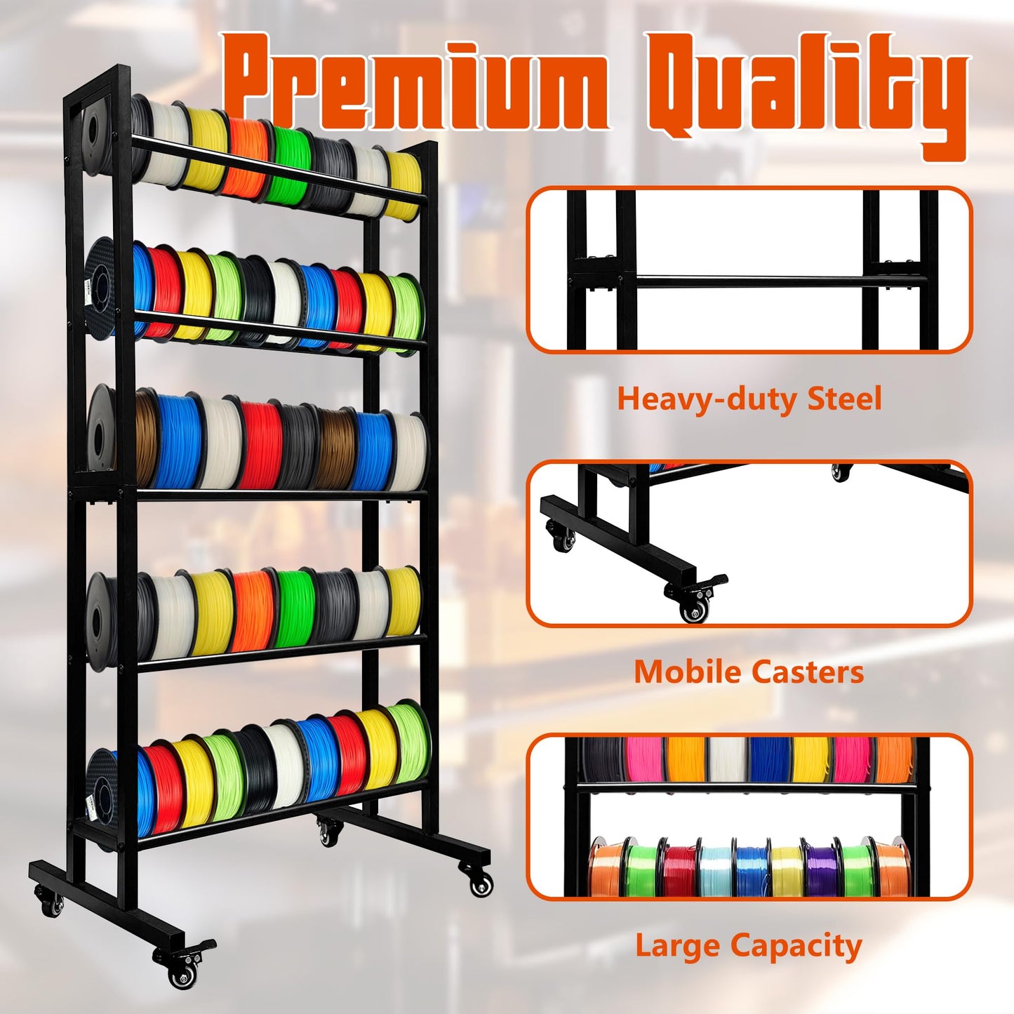 koretech Filament Storage, 3D Printer Filament Storage Rack, Rolling Filament Spool Holders Racks with Wheels, Heavy Duty Metal 5 Tier Shelf for PLA/ABS/TPU/Nylon, Filaments Organzied for 3D Printing