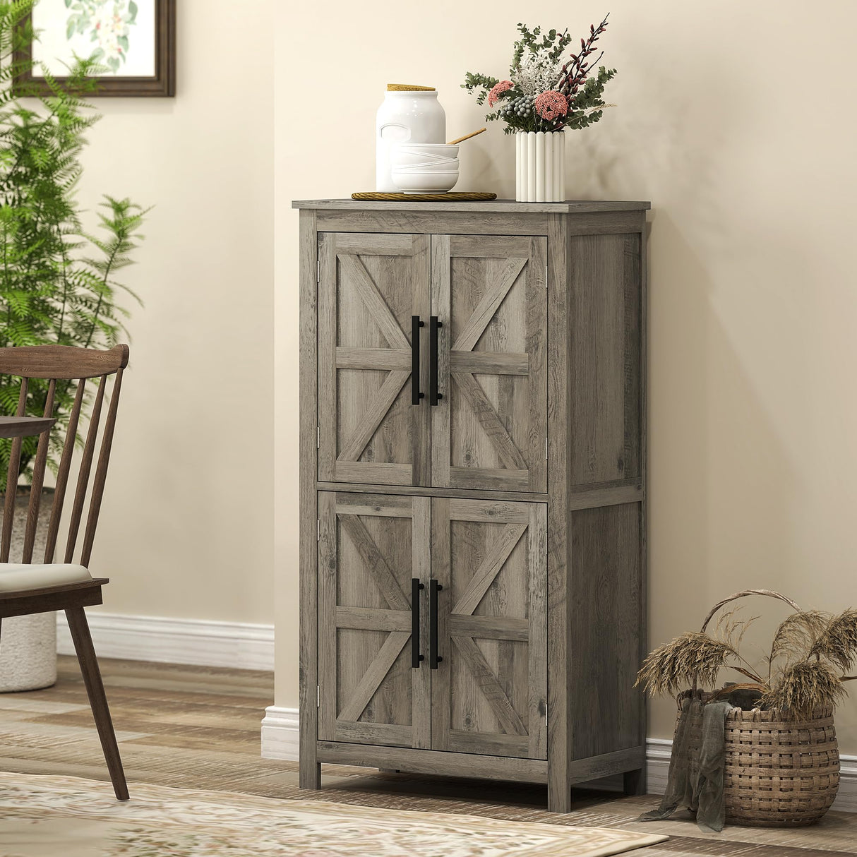 HOMCOM Farmhouse Bathroom Storage Cabinet with 4 Barn Doors, Bathroom Floor Cabinet with 2 Adjustable Shelf, Freestanding Storage Cupboard, Light Gray HOMCOM
