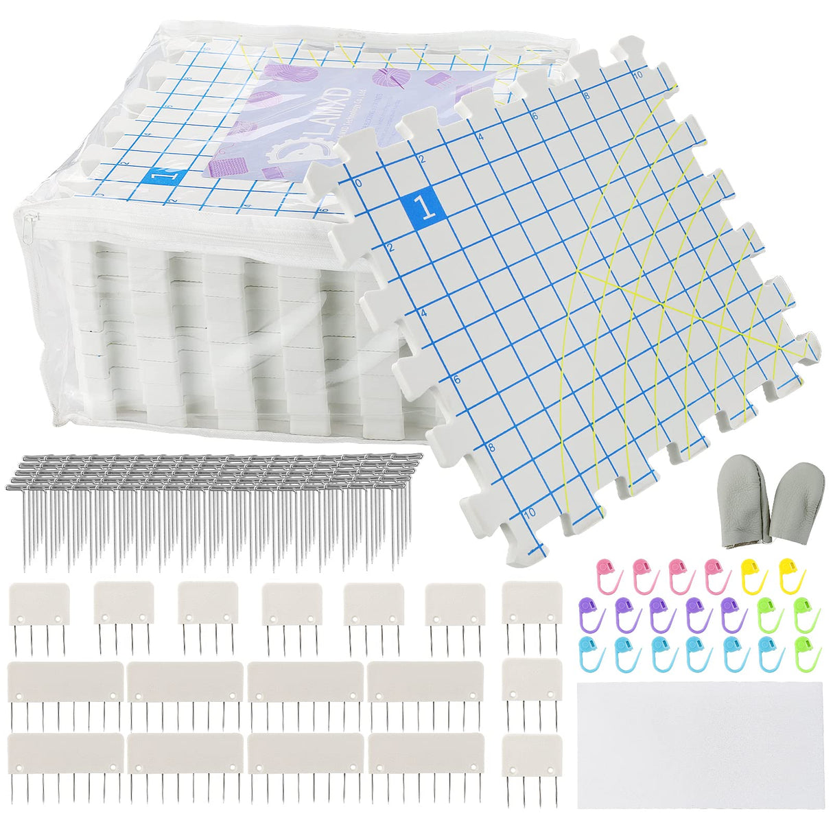 LAMXD Blocking Mats for Knitting - Extra Thick Blocking Boards with Grids with 22PCS Knitting blockers and 100 T-pins for Needlework or Crochet - Pack of 9 LAMXD