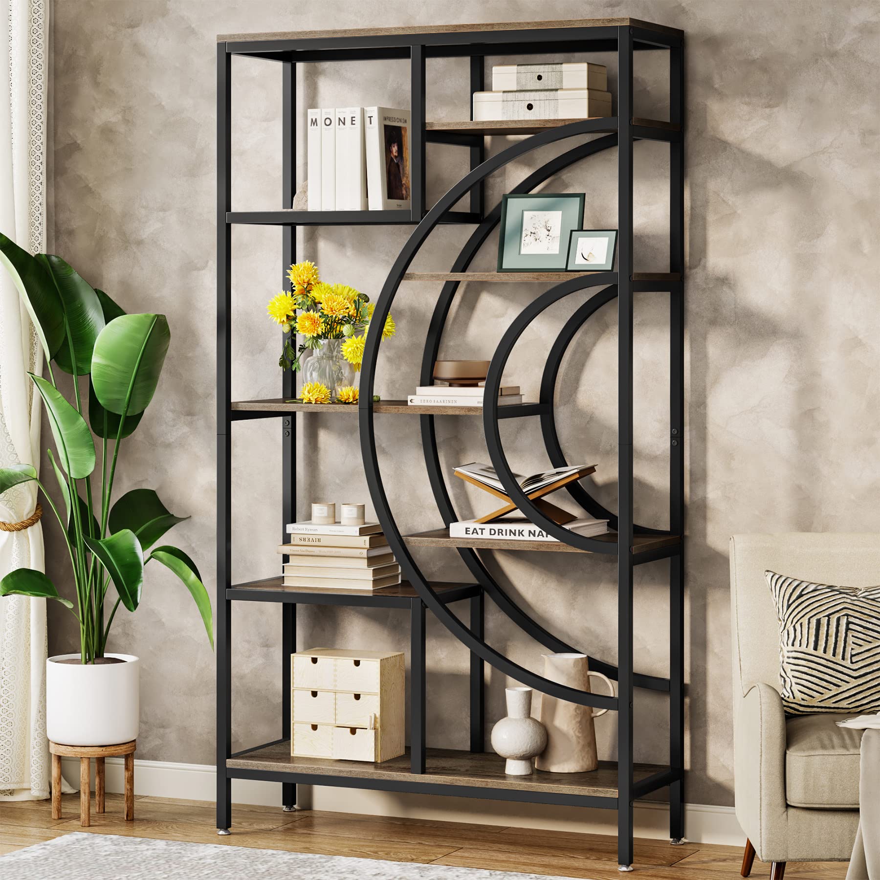 Tribesigns 71-Inch Geometric Industrial Bookcase with 8 Tiers and Metal Frame for Elegant Open Storage - WoodArtSupply