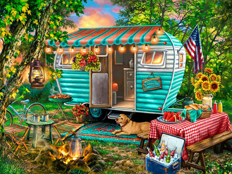 Springbok Home Sweet Home 500 Piece Jigsaw Puzzle - This Colorful Illustration of a Vintage Camper is Ideal for Camping Enthusiasts Springbok