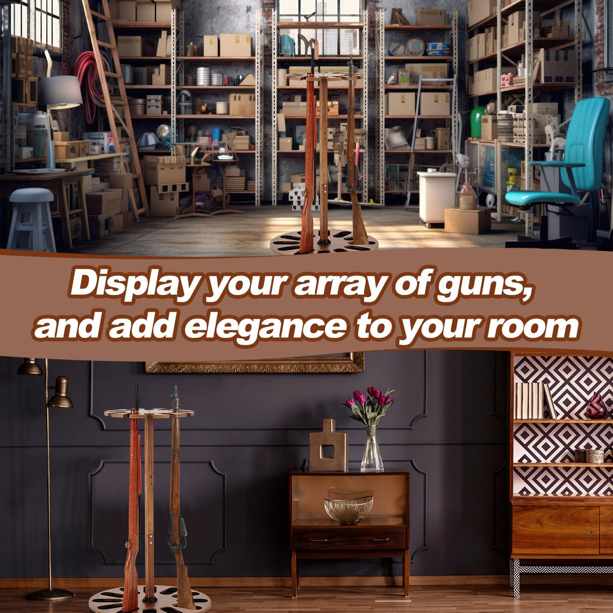 CroBlissful Wooden Gun Rack Holds 12 Guns Display Storage Holder Indoor Vertical Stand with Soft Padding 2 Adjustable Heights for Living Room Collection Room Warehouse (Walnut Color) CroBlissful