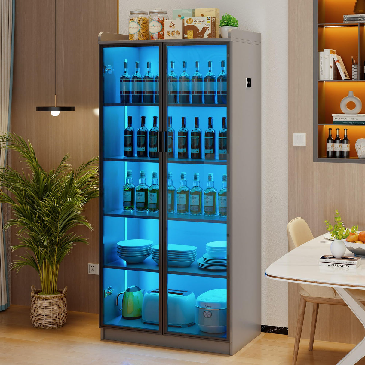 Lvifur 65" Display Cabinet with Lights, 5 Tier Curio Cabinets Bookcase with Adjustable Shelves, Tall Storage China-Cabinet with Human Body Induction for Living Room (Grey) Lvifur