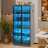 Lvifur 65" Display Cabinet with Lights, 5 Tier Curio Cabinets Bookcase with Adjustable Shelves, Tall Storage China-Cabinet with Human Body Induction for Living Room (Grey) Lvifur