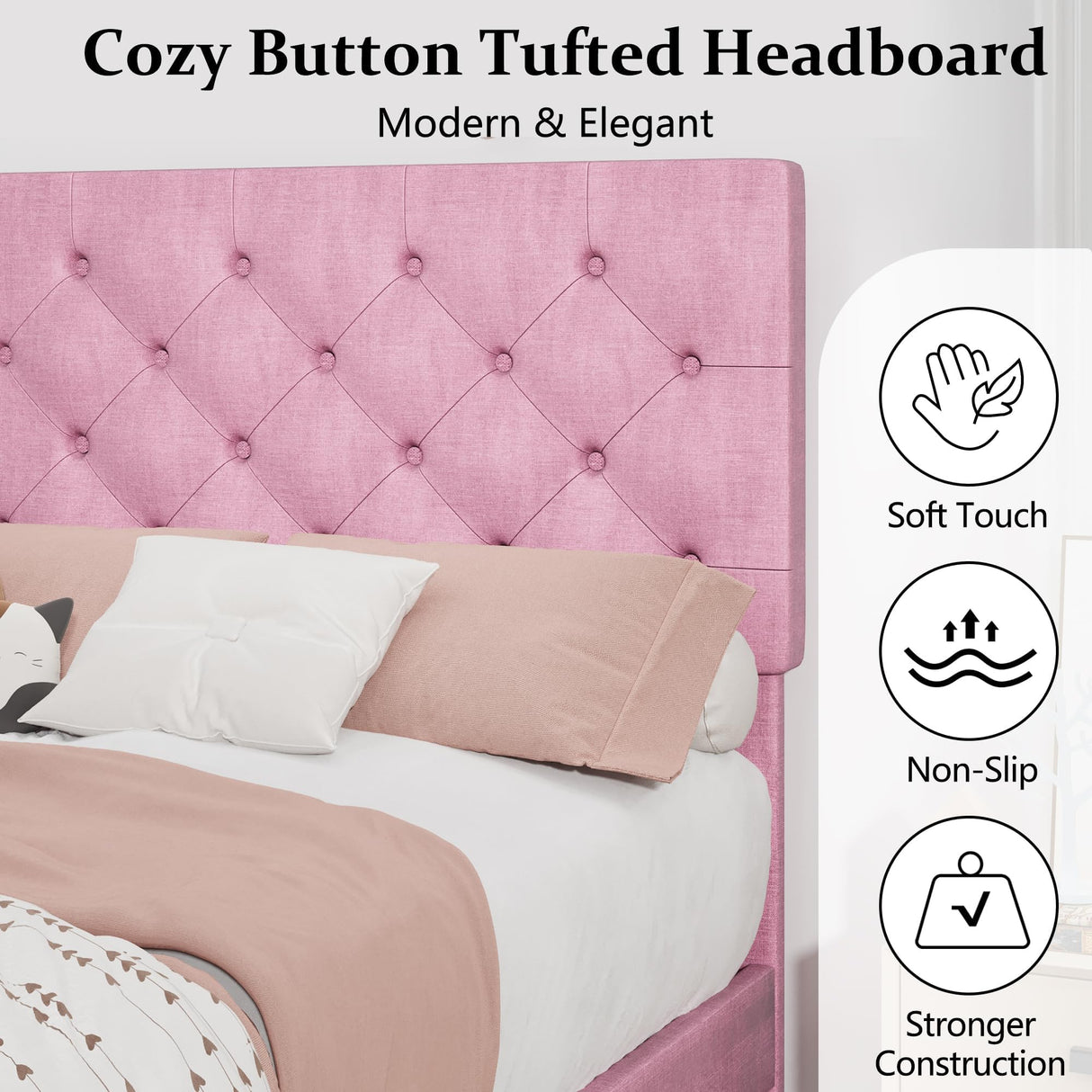King Size Platform Bed Frame, Fabric Upholstered Bed with Button Tufted Headboard, Adjustable Headboard Design, Easy Assembly, No Box Spring Required, Pink BarnFurin