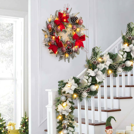 24" Pre-Lit Christmas Wreath for Front Door, Artificial Christmas Wreath with Bow Ribbon, Pinecones, Berries and Ball Ornaments, Battery Operated 30 Led Lights Xmas Wreath for Home Decor GarveeHome