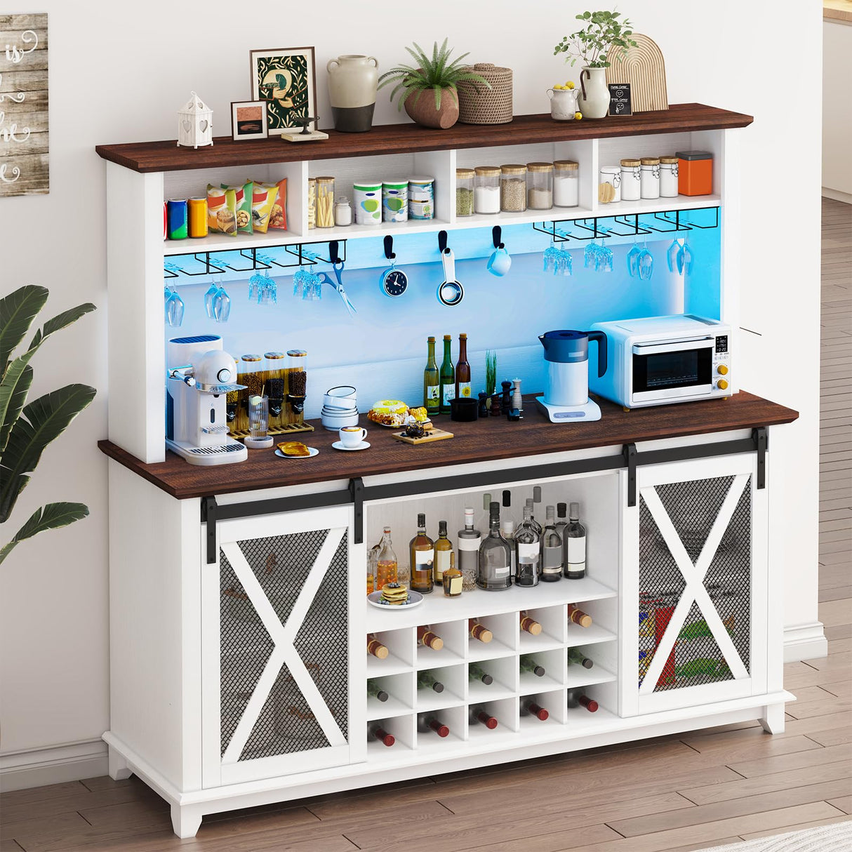 63 Inch Farmhouse Coffee Bar Cabinet with LED Lights, Wine Bar Cabinet with Storage, Kitchen Buffet Hutch with Sliding Barn Door, 15-Bottle Wine Rack, 4 Hooks & Glass Holder, Adjustable Shelves, White CayugaCrekrd