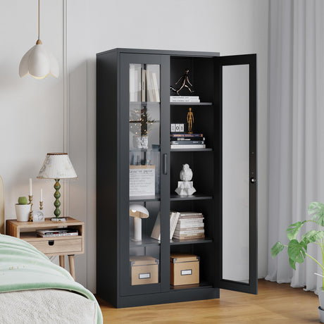 LISSIMO Glass Display Cabinet with 4 Adjustable Shelves, 71" Tall Curio Cabine with Tempered Glass Door, Liquor Cabinet with Lock, 5-Tier Bookcase Storage Cabinet for Home, Study, Living Room (Black) LISSIMO