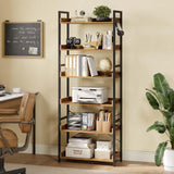 Rolanstar Bookshelf 6 Tier with 4 Hooks, Industrial Wood Bookcase, Vintage Storage Rack with Open Shelves, Rustic Standing Bookshelves Metal Frame Display Rack for Living Room, Bedroom, Rustic Brown Rolanstar