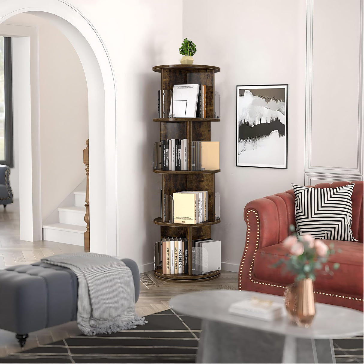 VECELO 4 Tier Revolving Bookshelf Tower, 360° Display Floor Standing Storage Rack with Acrylic Visible Window Partition for Bedroom, Living Room Home and Office, Brown VECELO