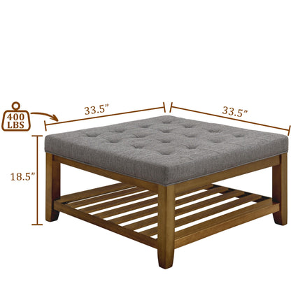 Befurtori Upholstered Coffee Table Tufted Linen Large Square Ottoman with Beech Wood Shelf and Frame, Oversized Footrest Ottoman for Living Room, Granite