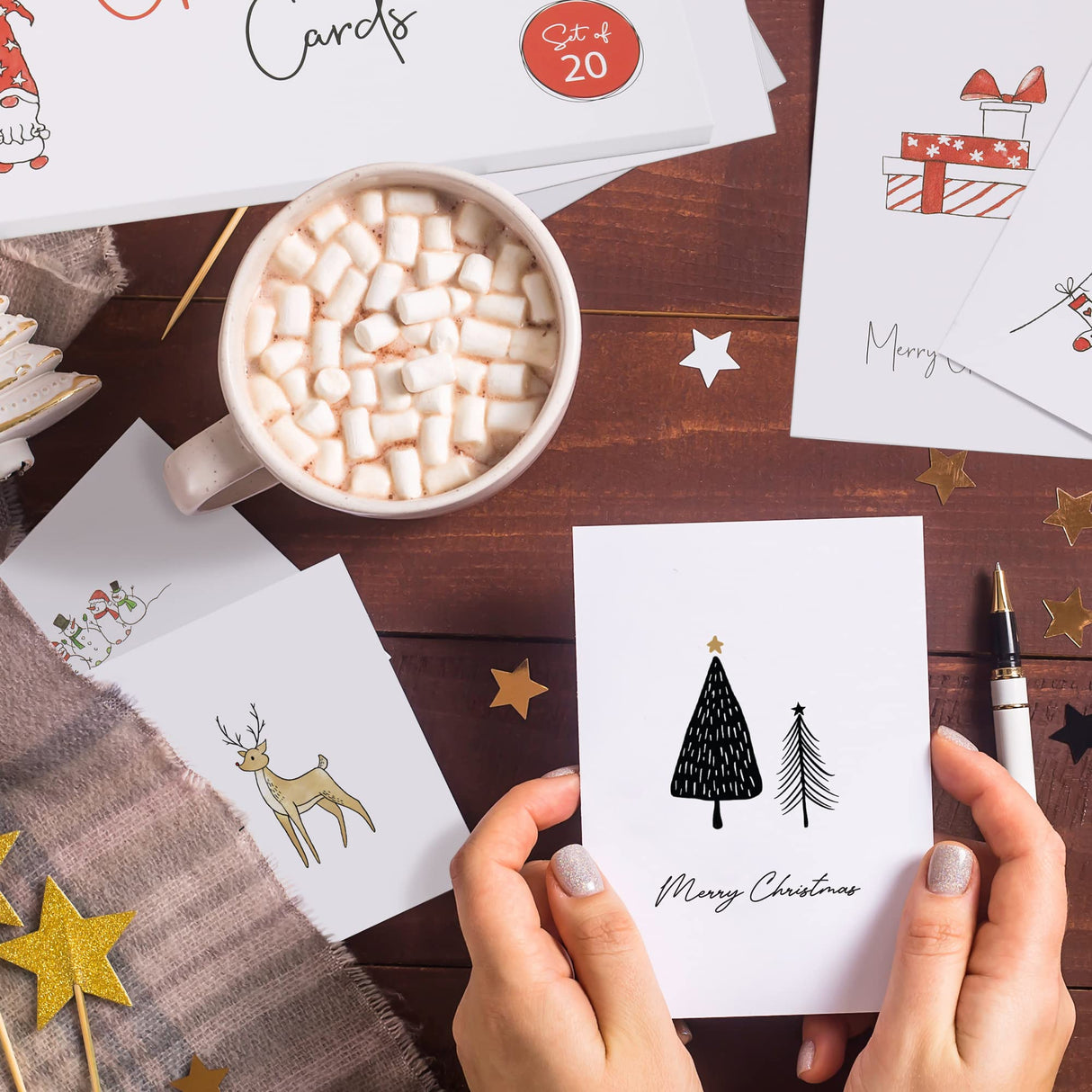 ZICOTO Beautiful Modern Christmas Cards Set of 20 - Incl. Bulk Envelopes, Matching Stickers And Storage Box - Perfect to Send Warm Holiday Wishes to Friends and Family ZICOTO