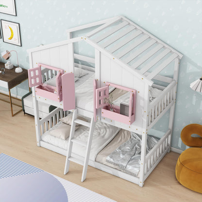 PVWIIK Twin Over Twin House Bunk Beds with Window Door & Roof, Solid Wood Playhouse Bunk Bed w/Window Box & Ladder,No Box Spring Needed & Space Saving for Boys and Girls, Pink/White