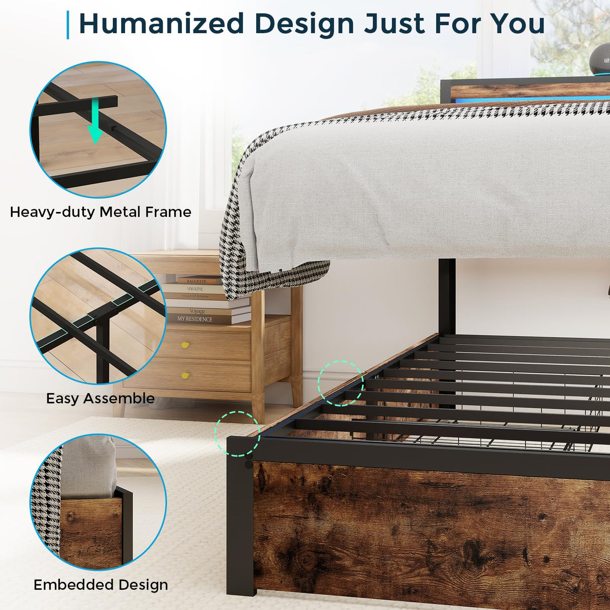 SADENICEL King Bed Frame with Storage Headboard and 4 Drawers, Metal Platform Bed Frame with LED Light, Charging Station, No Box Spring Needed, Noise Free, Easy Assembly, Vintage Brown SADENICEL