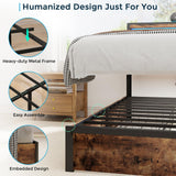 SADENICEL King Bed Frame with Storage Headboard and 4 Drawers, Metal Platform Bed Frame with LED Light, Charging Station, No Box Spring Needed, Noise Free, Easy Assembly, Vintage Brown SADENICEL