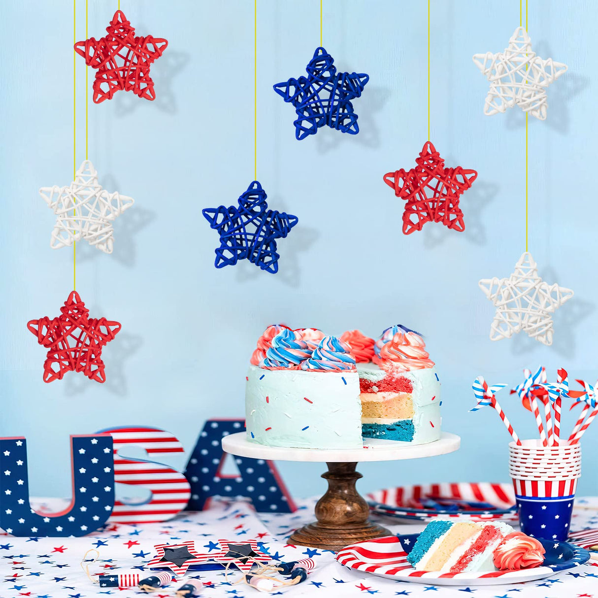 18pcs 4th of July Star Rattan Decoration, Red Blue White Stars for 4th of July Independence Day Home Decor DIY Craft Vase Bowl Filler Table Decoration GuassLee