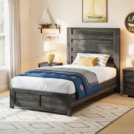 AMERLIFE Farmhouse Twin Platform Bed Frame with 49" Fluted Headboard, Wooden Bed with Natural Grain Finish, Noise-Free, No Box Spring Required, Easy Assembly, Grey AMERLIFE