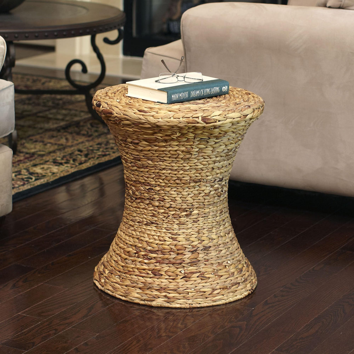 Household Essentials Hourglass Water Hyacinth Wicker Table, Natural Household Essentials