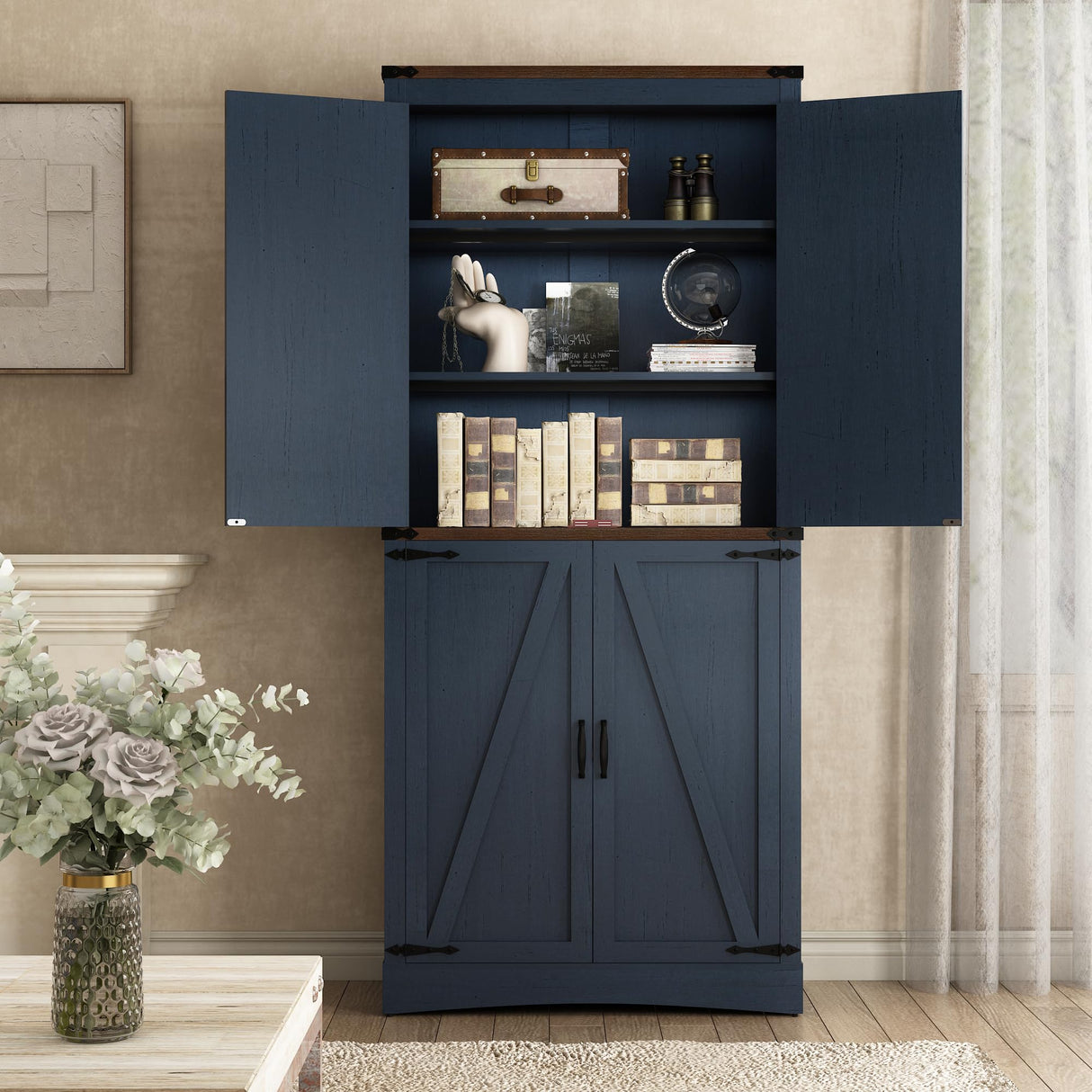 Hlivelood 71" Tall Kitchen Pantry,Farmhouse Storage Cabinet with Adjustable Shelves,Load-Bearing Steel Pipe,Farmhouse Pantry Cabinet with 4 Barn Doors,for Kitchen,Dining Room,Living Room(Blue) Hlivelood