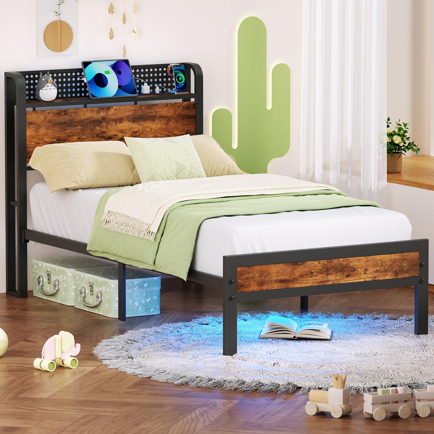 Furnulem Twin Bed Frame with LED Lights, Charging Station, and Under-Bed Storage in Rustic Brown - WoodArtSupply