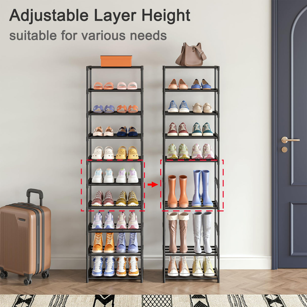 Autonomier 10 Tier Tall Shoe Rack, Narrow Lightweight Shoe Shelf, Compact Vertical Shoe Stand, Small Space Saving for Closet Floor, Dorm Storage Organizer, Front Door Entrance, Entryway Autonomier