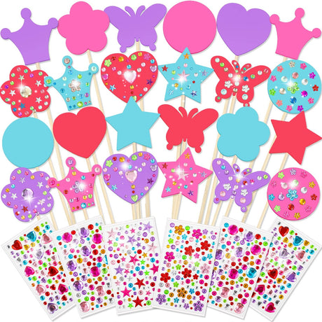 Juexica 24 Pcs Princess Fairy Wand Kit Includes 24 Make Your Own Princess Accessories 6 Styles Unfinished Wooden Fairy Wand and 6 Gem Stickers for Girls DIY Magical Craft(Rose Red, Purple, Pink, Blue) Juexica