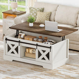 YITAHOME Farmhouse Coffee Table, Lift Top Coffee Table with Storage & Sliding Groove Barn Door,Rustic Coffee Tables for Living Room, Center Table for Living Room, Brown and White YITAHOME