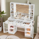 Wodeer Makeup Vanity Desk with Mirror and Lights, White Vanity with Glass Top, LED Lights & Power Outlet, 3 Drawers & 2 RGB Glass Cabinets, Adjustable Lighted Dressing Table for Women & Girls Bedroom Wodeer
