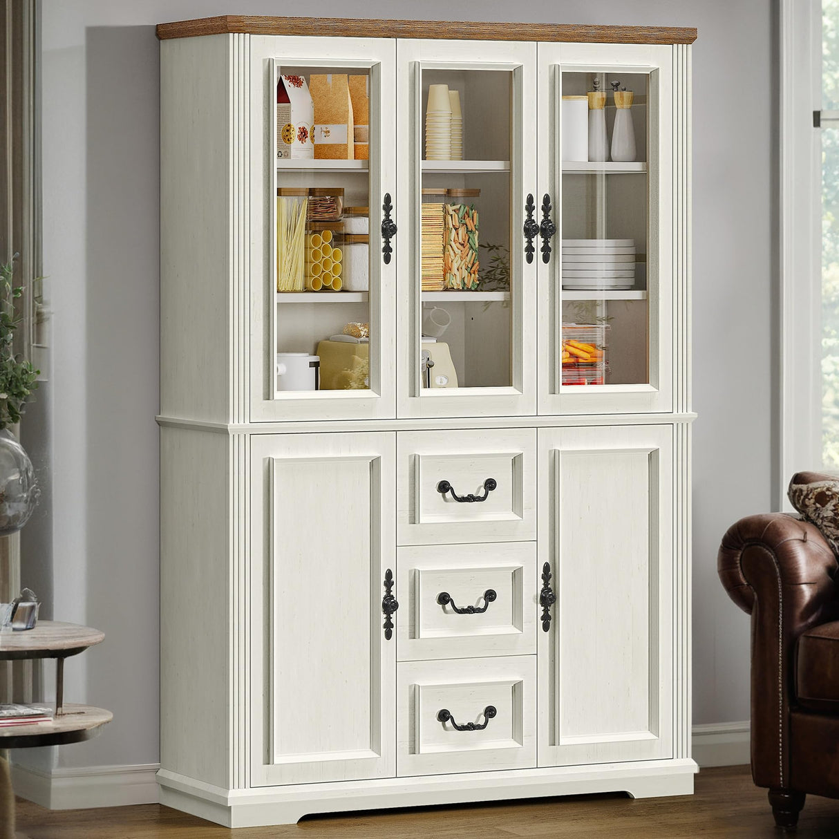 YITAHOME 71" H x 47" W Kitchen Pantry with 3 Drawers, Large Storage Cabinet with 3 Glass Doors & Adjustable Shelves, Freestanding Tall Display China Cabinet for Living & Dining Room, White YITAHOME