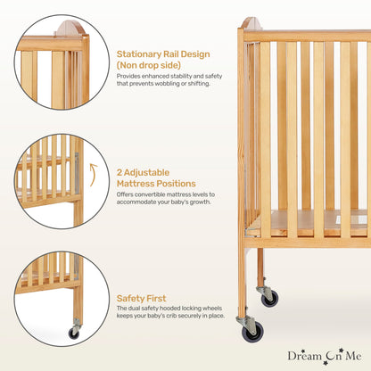 Dream On Me Folding Full Size Convenience Crib In Natural, Two Adjustable Mattress Height Positions, Comes With Heavy Duty Locking Wheels, Flat Folding