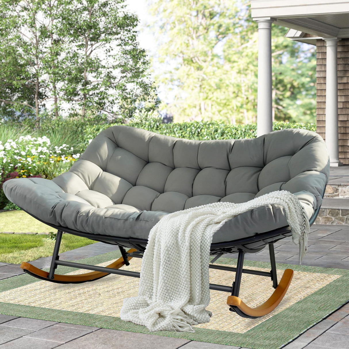 TIMWNER Double Papasan Patio Rocking Chair,Double Oversized Papasan Rocking Chair with Thick Cushions,Perfect for Indoor, Patio, or Balcony Use, Modern Outdoor Loverseat for Two.Grey TIMWNER