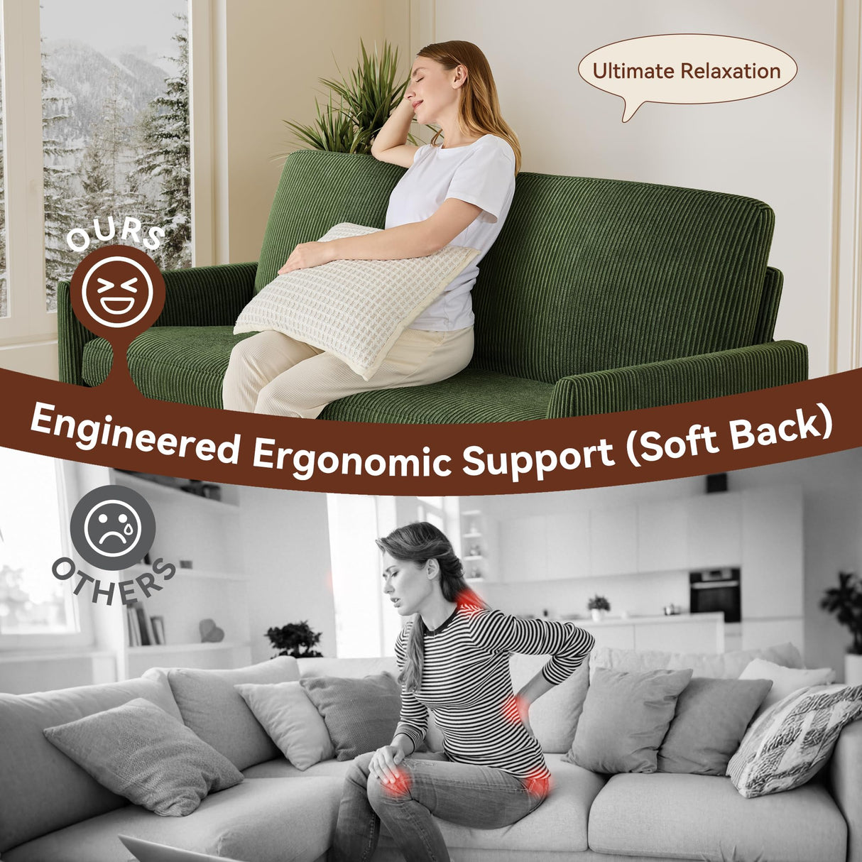 Vipbear 68" Loveseat Sofa - Green, Comfy Corduroy with Spring Cushion, Solid Wood Frame, Modern Deep Seat, Bedroom & Living Room, Office Small Couch Vipbear