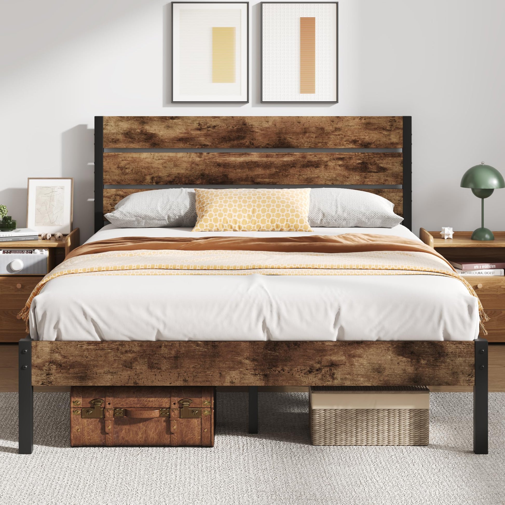 Foredawn Rustic Brown Queen Bed Frame with Wooden Headboard, Metal Platform and Under-Bed Storage - WoodArtSupply