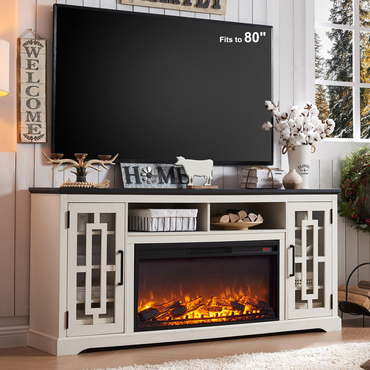 JXQTLINGMU Fireplace TV Stand with 36" Electric Fireplace for 80 Inch TV, Farmhouse 32" Tall Highboy Entertainment Center w/6 Shelves, Modern Media Console w/Storage for Living Room, Distressed White JXQTLINGMU