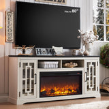 JXQTLINGMU Fireplace TV Stand with 36" Electric Fireplace for 80 Inch TV, Farmhouse 32" Tall Highboy Entertainment Center w/6 Shelves, Modern Media Console w/Storage for Living Room, Distressed White JXQTLINGMU