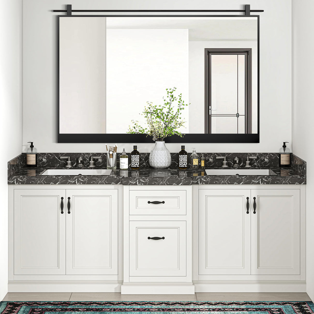 MYTHFUL 40x28 Inch Rectangle Bathroom Vanity Mirror for Wall Mounted Over Sink Farmhouse Rustic Matte Black Frame Barn Door Mirrors Foyer Entryway Decor MYTHFUL