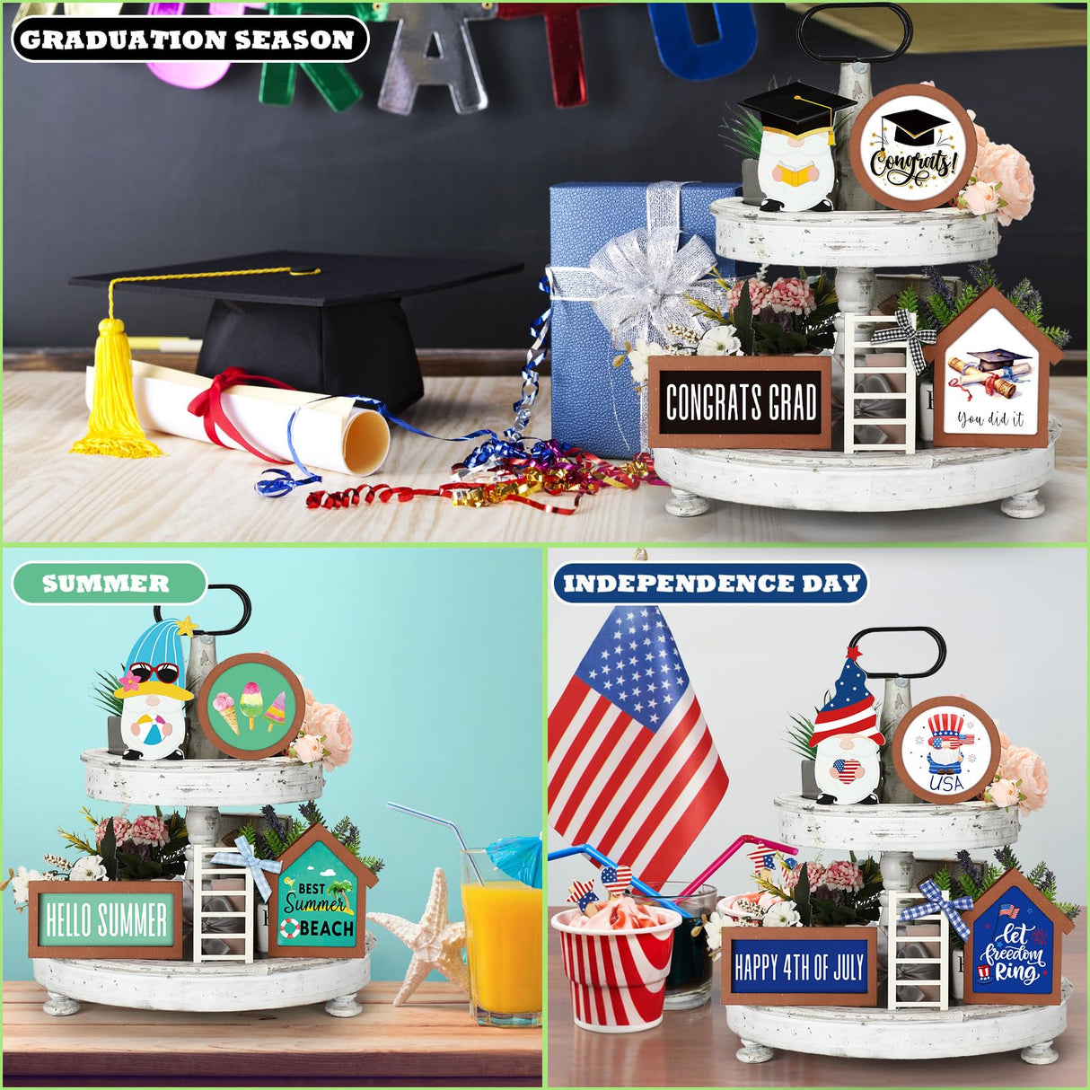 Lineshading 65 Pcs Christmas Farmhouse Tiered Tray Decor Set Interchangeable Round Seasonal Year Tray Decorations Holiday Rustic Wooden Frames Arch Ladders Cards Bow Knot for Kitchen Table Home Decor Lineshading