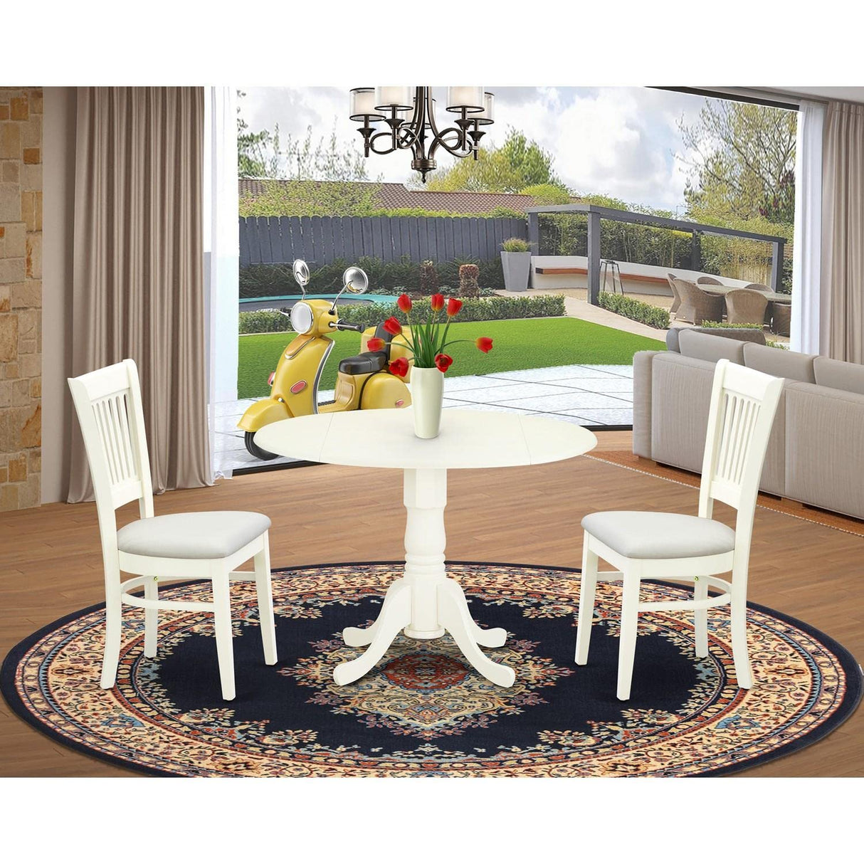 East West Furniture Dublin 3 Piece Modern Set Contains a Round Wooden Table with Dropleaf and 2 Fabric Upholstered Dining Chairs, 42x42 Inch, Linen White East West Furniture