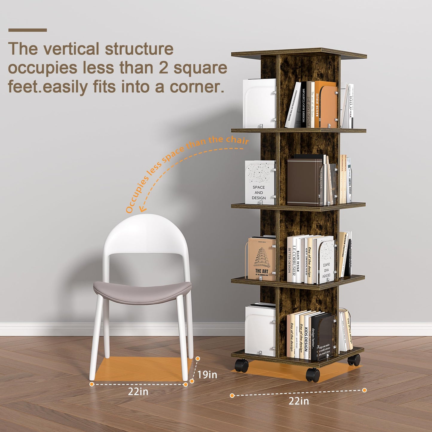 VECELO 360° Rotating Bookshelf with Wheels - 4-Tier Compact Corner Bookcase in Brown - WoodArtSupply