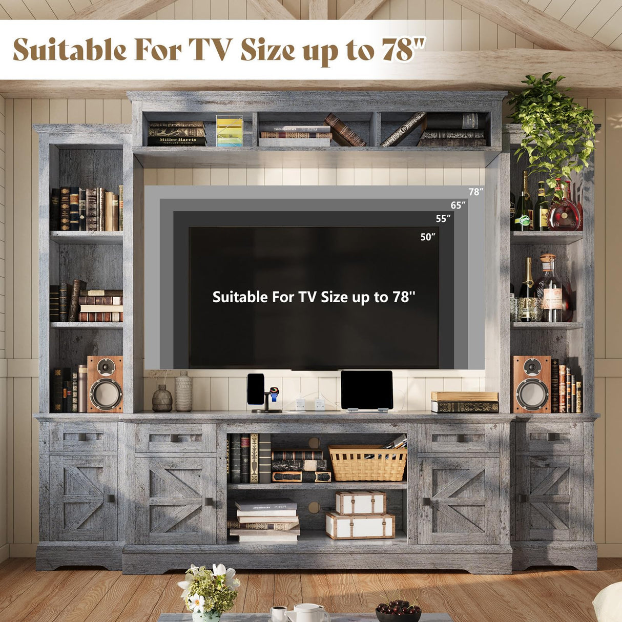 AMERLIFE 98" Farmhouse Entertainment Center Wall Unit with Bookshelves, Wine Cabinet, Fits 78" TVs, Large TV Stand with Power Outlets & Barn Door, Rustic Media Console for Living Room, Gray AMERLIFE