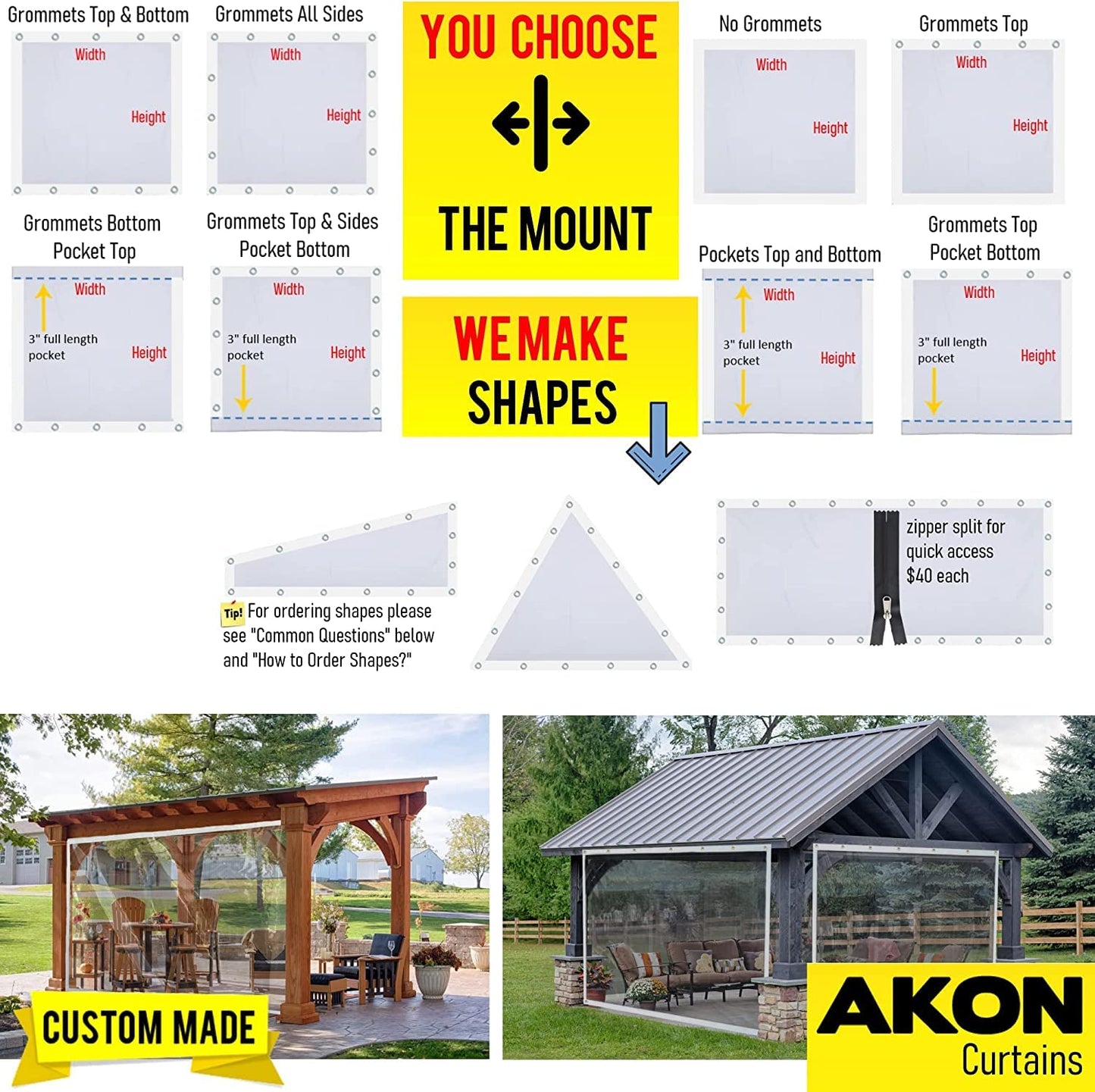 Akon Curtain Patio Enclosure with Zipper | Clear Vinyl with Door Access| Made to Order | Patios, Porch, Screen Rooms, Gazebos | Waterproof Tarpaulin