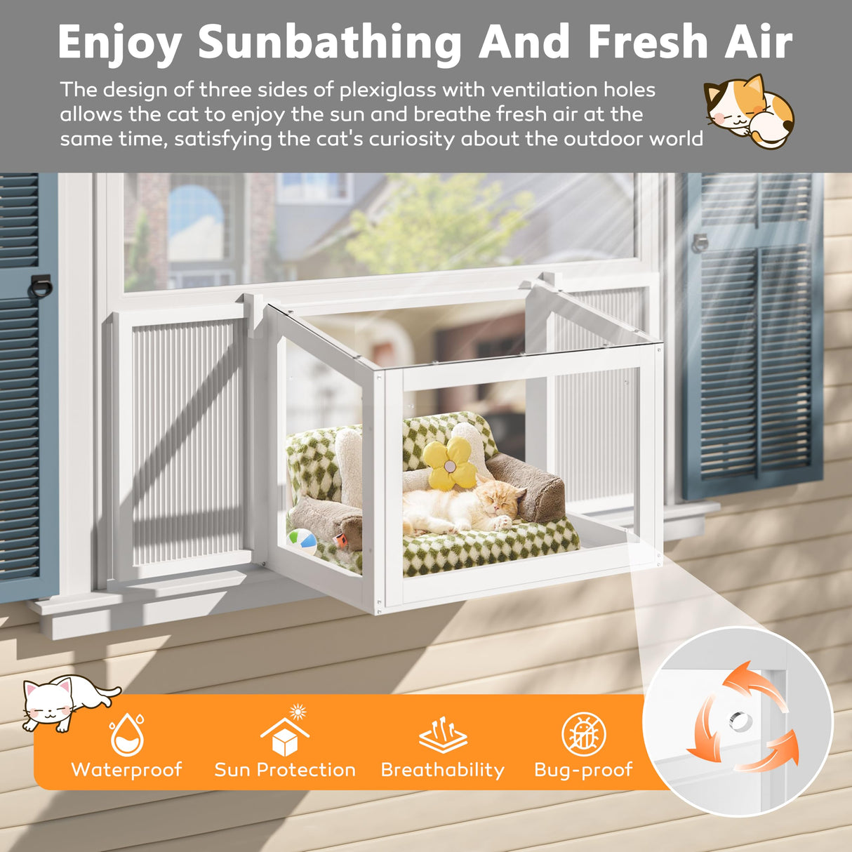 Yardenaler Cat Window Box, Adjustable Window Cat Perch Catio, Wooden Window Catio for Indoor Cats, Fits Vertical Window Frames 26" to 42" Wide, Sunbathing, Napping, Overlooking, White Yardenaler