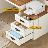 TVU Farmhouse Computer Desk with Drawers, 65'' Home Office Desk with Power Outlets, Storage Cabinet and Printer Stand, Study Writing Desks with Long Monitor Stand, White TVU