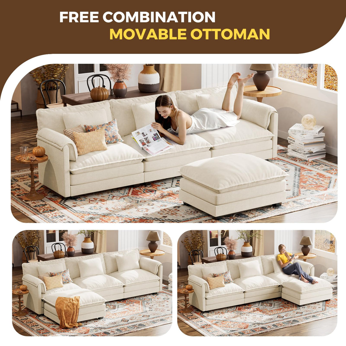 ELUCHANG 113" L Shaped Modular Sectional Sofa, Comfy Cloud Couch, Deep Seat Sofa Couches for Living Room, 4-Seater Modern Sofa with Movable Ottoman for Apartment, DIY Combination,Chenille Cream White ELUCHANG