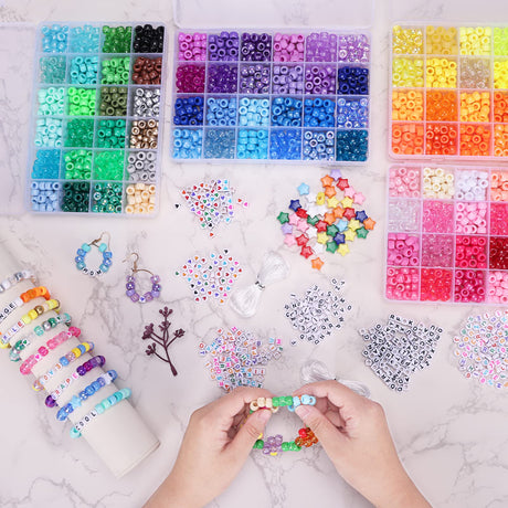 QUEFE 96 Colors 3000pcs Pony Beads Bracelet Making Kit Friendship Bracelet Kit Rainbow Kandi Beads with Letter and Heart Beads Elastic Threads for Jewelry Necklace Making QUEFE