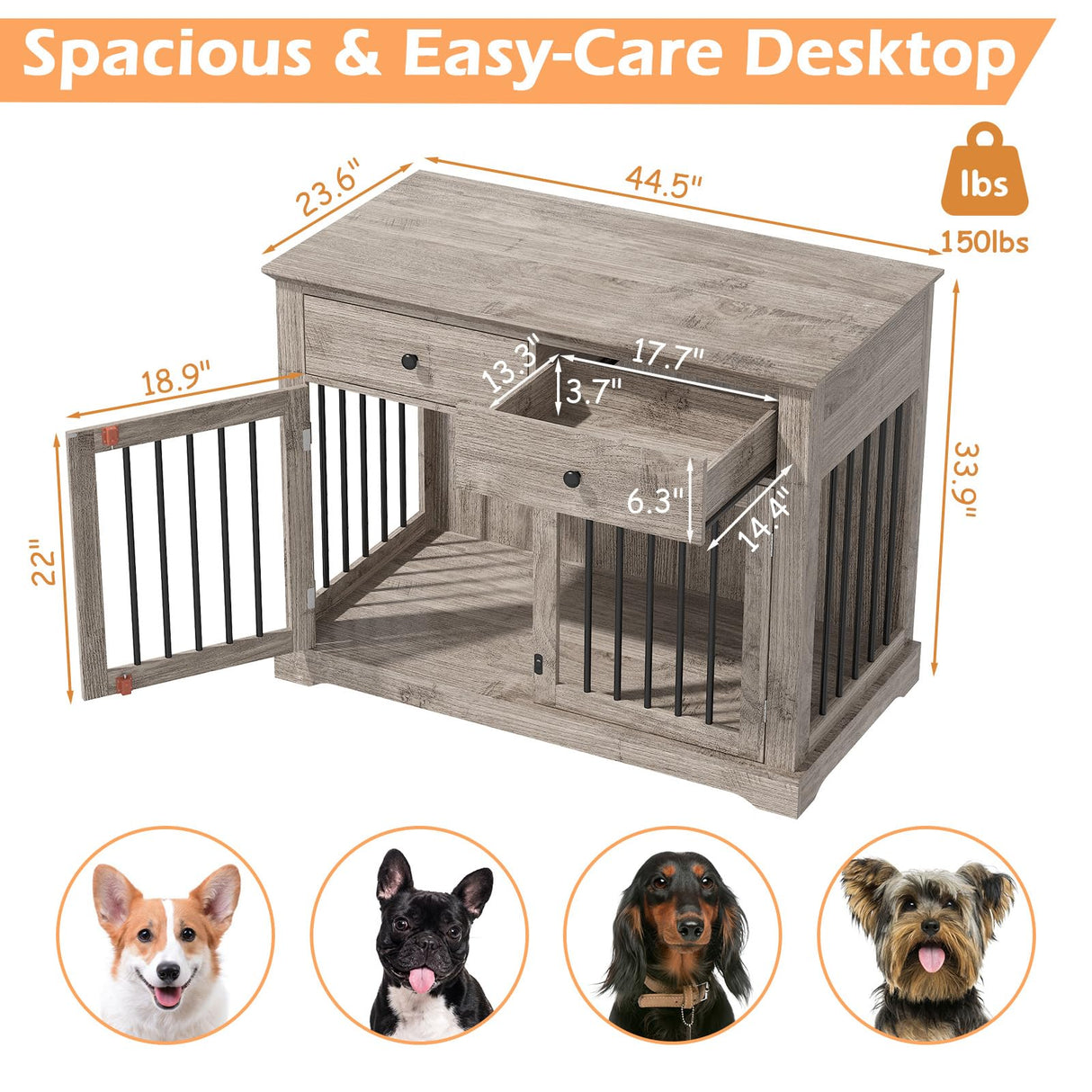 Dog Crate Furniture, 44 Inch Wooden Dog Kennel Furniture Indoor with 2 Storage Drawers, Heavy Duty Large Dogs Crate Furniture, Cage & House Furniture for Small Medium Large Dogs, Grey VENDORZ