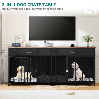 YITAHOME Double Dog Kennel Furniture TV Stand，Indoor Dog Crate Furniture Large Breed with Storage&Dog Feeder, 74.8" Inch Wooden Decorative Dog Kennel - WoodArtSupply