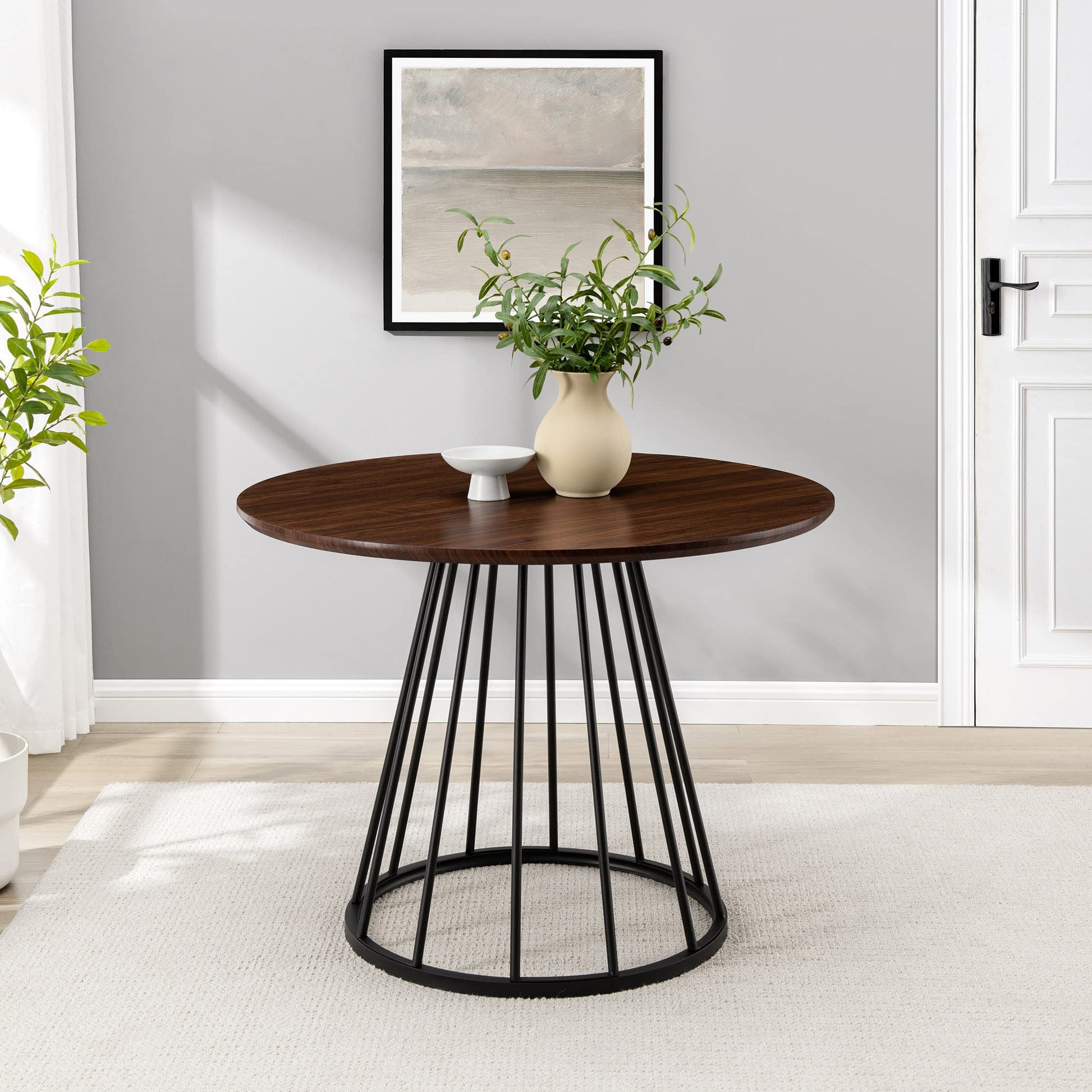 Walker Edison Vivv Modern Round Dining Table with Metal Base, 40 Inch, Dark Walnut/Black - WoodArtSupply