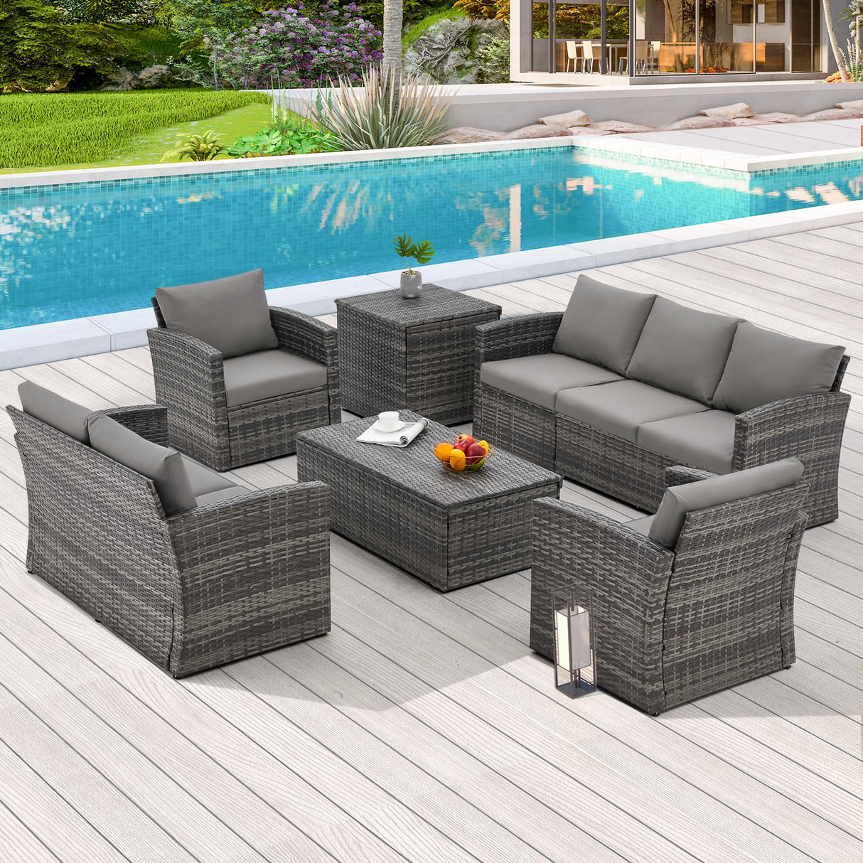 U-MAX 7 Pieces Outdoor Patio Furniture Sets w/Two Storage Boxes, Outdoor Conversation Set All-Weather PE Wicker Sectional Sofa Patio Sofa for Garden, Backyard, Deck, Grey Rattan& Grey Cushions U-MAX